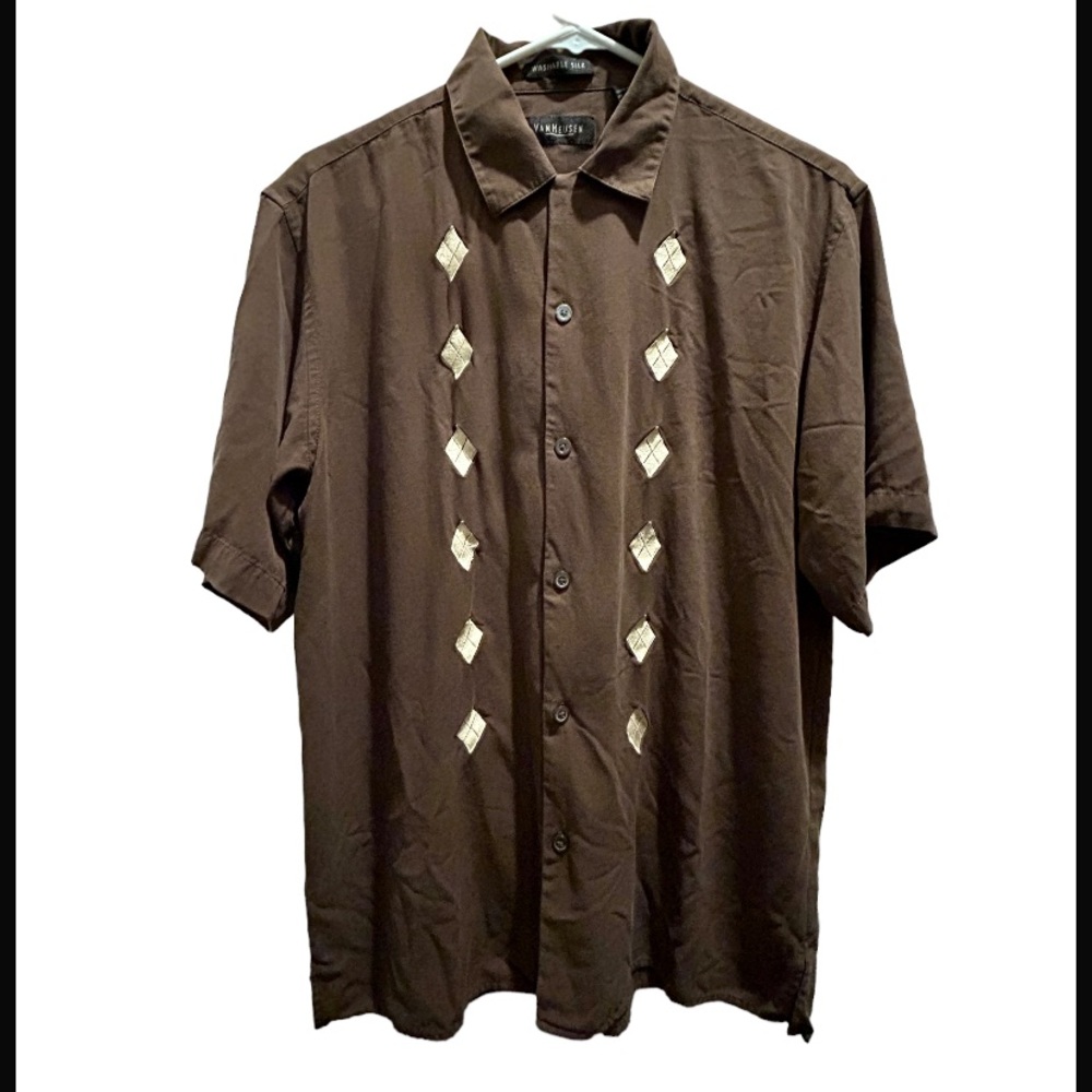 Van Heusen BROWN Washable Silk short sleeve button down embroidered shirt